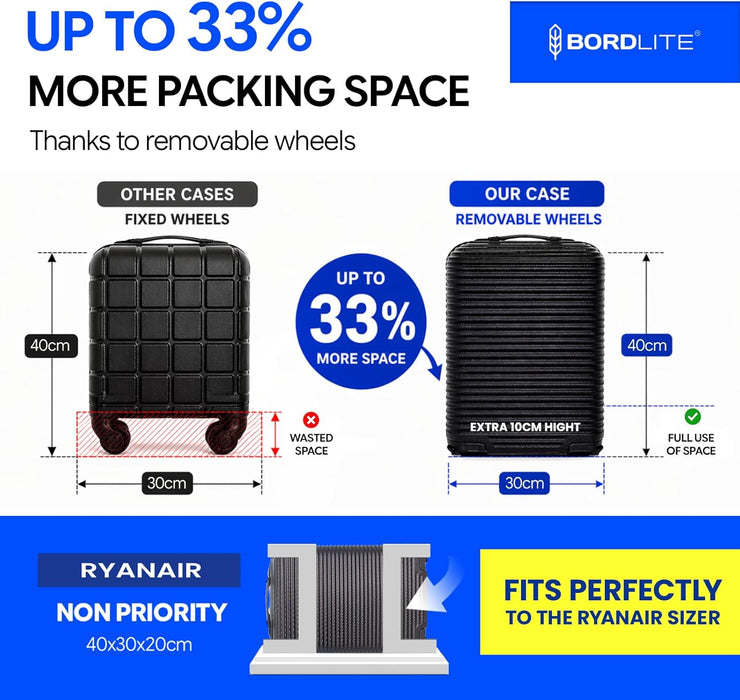 Bordlite Ryanair 40x30x20cm Underseat Carry On Suitcase with Removable Wheels | Extra Packing Space & Cabin Size Fit | Lightweight Luggage