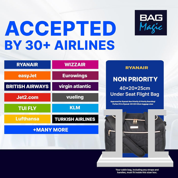 Bordlite Ryanair Cabin Bag 40x20x25cm Underseat Holdall – Airline Approved Hand Luggage for Ryanair, easyJet & Jet2 | Lightweight Travel Bag with Shoulder Strap, Trolley Sleeve & Pockets – Black
