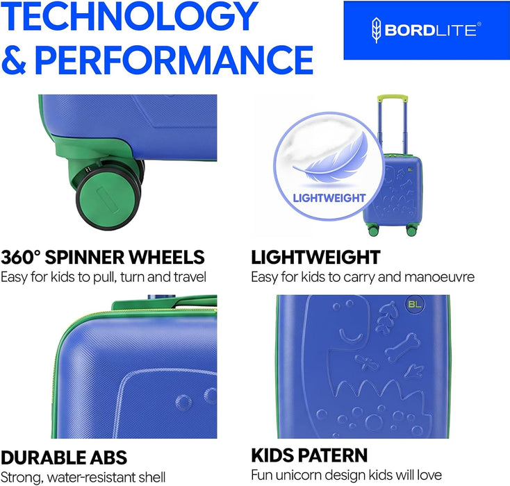 Bordlite Kids Suitcase 40x30x20cm Cabin Luggage - Underseat Travel Case with 360° Spinner Wheels