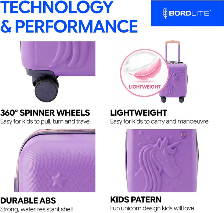 Bordlite Kids Suitcase 40x30x20cm Cabin Luggage - Underseat Travel Case with 360° Spinner Wheels
