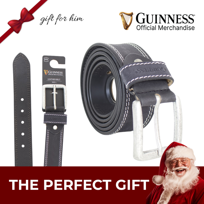 Guinness Official Full Grain Leather Belt for Men – Heavy-Duty Black Leather with Double Stitching & Metal Buckle – Genuine Branded Gift