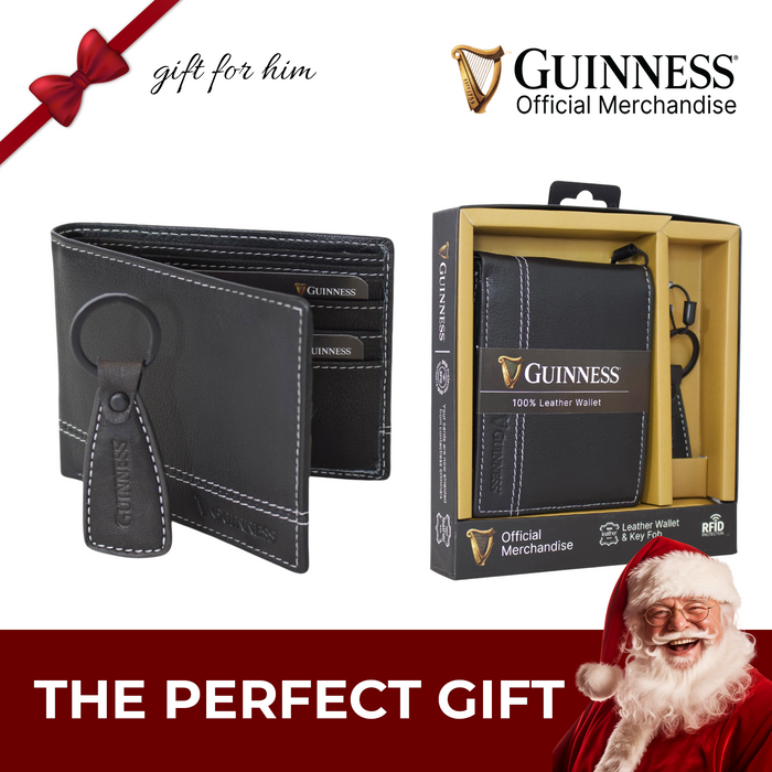 Guinness® Black Leather Wallet & Key Fob Gift Set– RFID Blocking, Bi-Fold Wallet