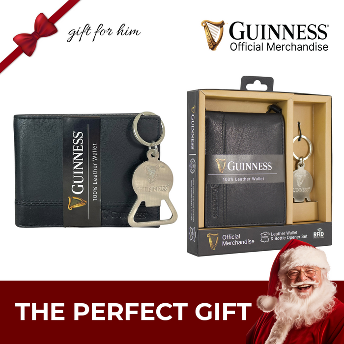 Guinness Leather Wallet Gift Set RFID Secure + Keyring Bottle Opener Boxed
