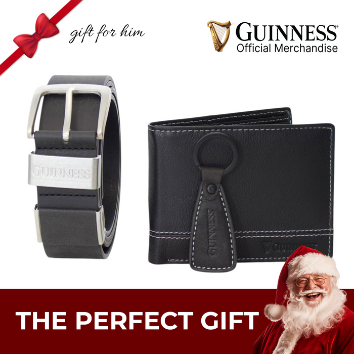 Guinness Wallet, Key Fob & Belt Gift Set – RFID Secure Black Leather, Gift Boxed