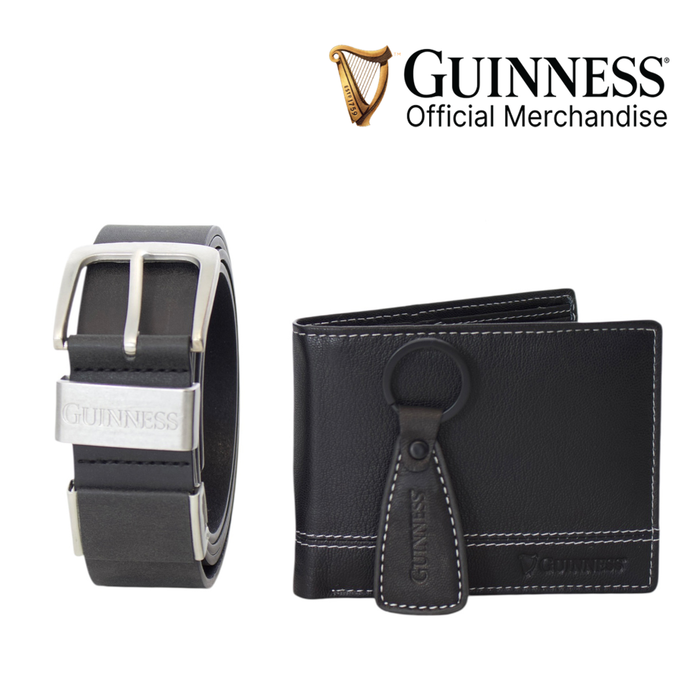Guinness Wallet, Key Fob & Belt Gift Set – RFID Secure Black Leather, Gift Boxed