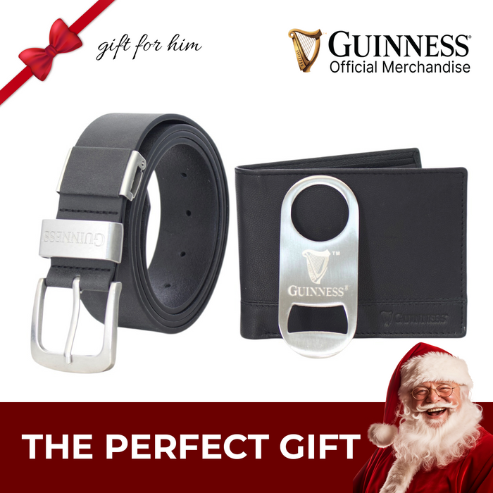 Guinness Wallet, Bottle Opener & Belt Gift Set – RFID Secure Black Leather, Gift Boxed
