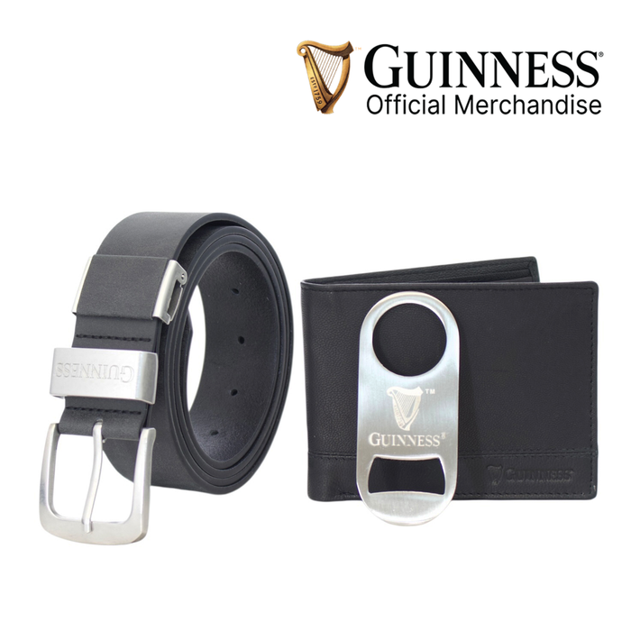 Guinness Wallet, Bottle Opener & Belt Gift Set – RFID Secure Black Leather, Gift Boxed