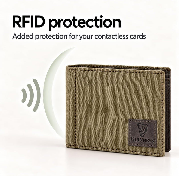Guinness Men’s Genuine Leather & Canvas Wallet – Official Merchandise with RFID Protection, Card Slots, Coin Pocket, Note Compartments & Removable Card Holder – Beige/Brown