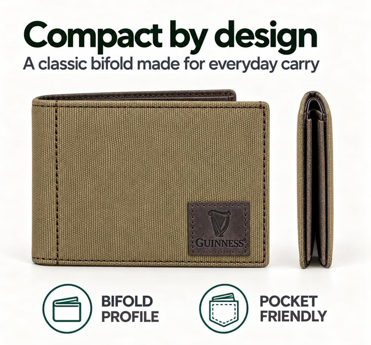 Guinness Men’s Genuine Leather & Canvas Wallet – Official Merchandise with RFID Protection, Card Slots, Coin Pocket, Note Compartments & Removable Card Holder – Beige/Brown