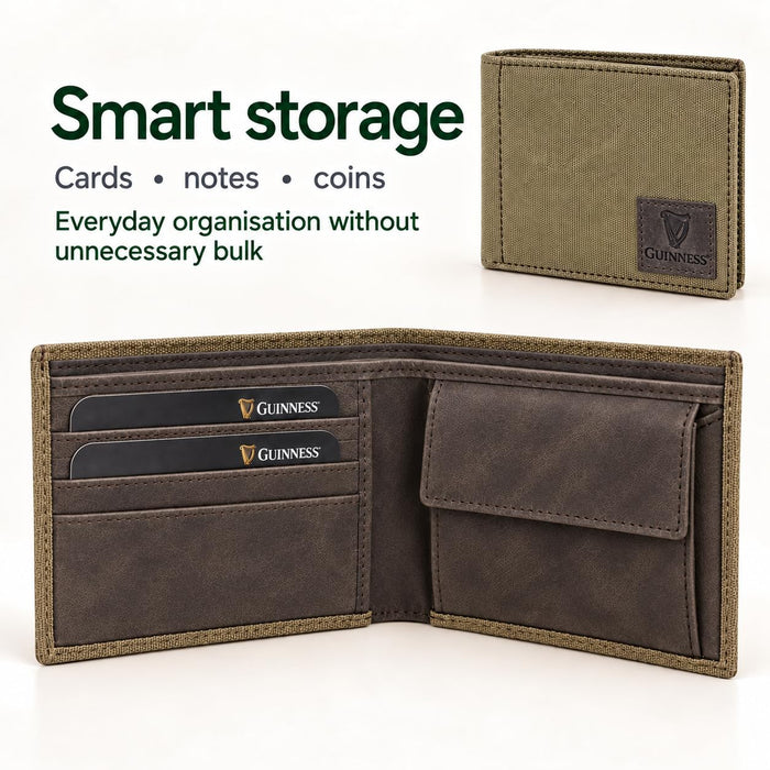 Guinness Men’s Genuine Leather & Canvas Wallet – Official Merchandise with RFID Protection, Card Slots, Coin Pocket, Note Compartments & Removable Card Holder – Beige/Brown