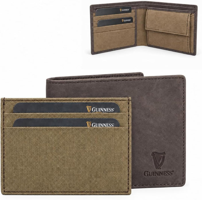 Guinness Men’s Genuine Leather & Canvas Wallet – Official Merchandise with RFID Protection, Card Slots, Coin Pocket, Note Compartments & Removable Card Holder – Beige/Brown