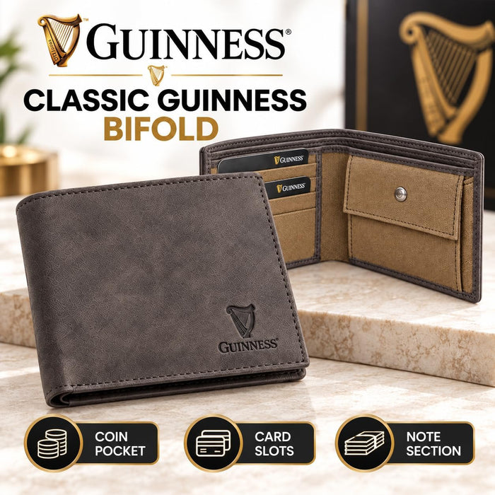 Guinness Men’s Genuine Leather & Canvas Wallet – Official Merchandise with RFID Protection, Card Slots, Coin Pocket, Note Compartments & Removable Card Holder – Beige/Brown