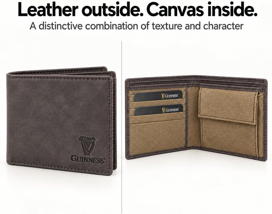 Guinness Men’s Genuine Leather & Canvas Wallet – Official Merchandise with RFID Protection, Card Slots, Coin Pocket, Note Compartments & Removable Card Holder – Beige/Brown