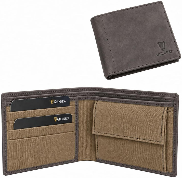 Guinness Men’s Genuine Leather & Canvas Wallet – Official Merchandise with RFID Protection, Card Slots, Coin Pocket, Note Compartments & Removable Card Holder – Beige/Brown