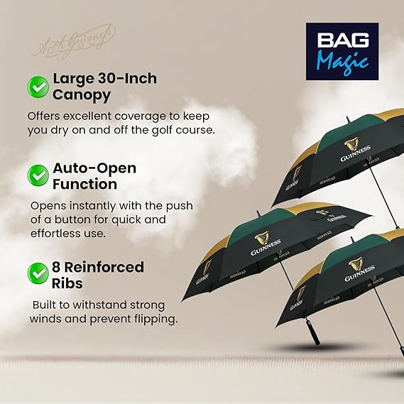 Guinness Official Golf Umbrella – 30-Inch Large Canopy, Auto-Open, 8 Reinforced Ribs, Windproof & Waterproof Stick Umbrella