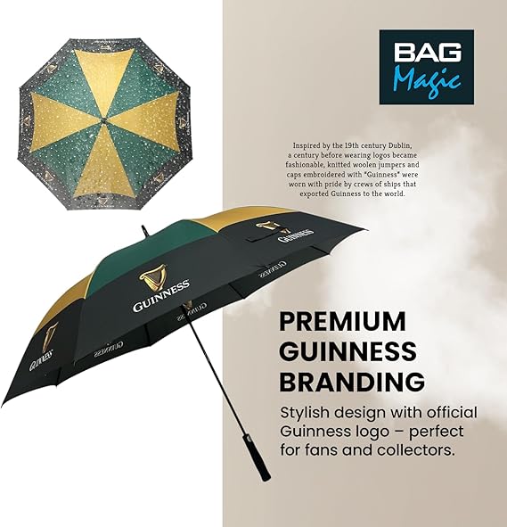 Guinness Official Golf Umbrella – 30-Inch Large Canopy, Auto-Open, 8 Reinforced Ribs, Windproof & Waterproof Stick Umbrella