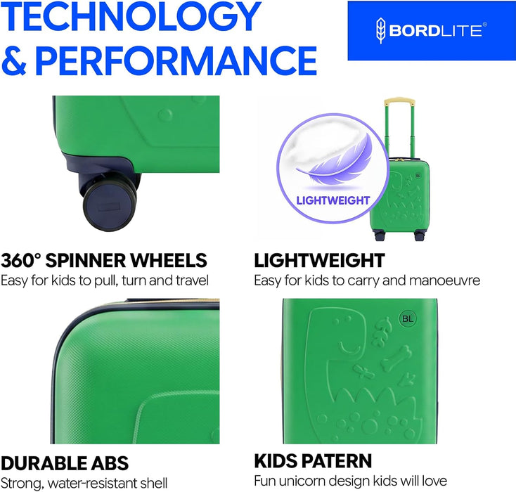 Bordlite Kids Suitcase 40x30x20cm Cabin Luggage - Underseat Travel Case with 360° Spinner Wheels