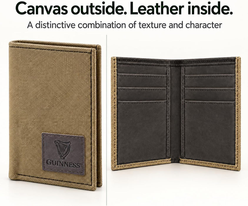 Guinness Men’s Genuine Leather & Canvas Wallet – Official Merchandise with RFID Protection, Card Slots, Coin Pocket, Note Compartments & Removable Card Holder – Beige/Brown