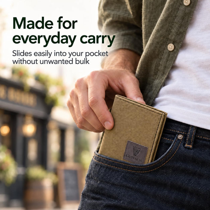 Guinness Men’s Genuine Leather & Canvas Wallet – Official Merchandise with RFID Protection, Card Slots, Coin Pocket, Note Compartments & Removable Card Holder – Beige/Brown