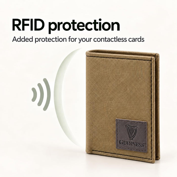 Guinness Men’s Genuine Leather & Canvas Wallet – Official Merchandise with RFID Protection, Card Slots, Coin Pocket, Note Compartments & Removable Card Holder – Beige/Brown