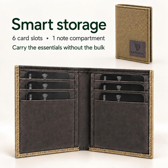 Guinness Men’s Genuine Leather & Canvas Wallet – Official Merchandise with RFID Protection, Card Slots, Coin Pocket, Note Compartments & Removable Card Holder – Beige/Brown