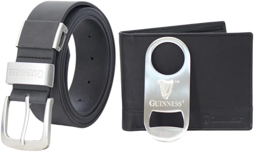 Guinness Wallet, Bottle Opener & Belt Gift Set – RFID Secure Black Leather, Gift Boxed
