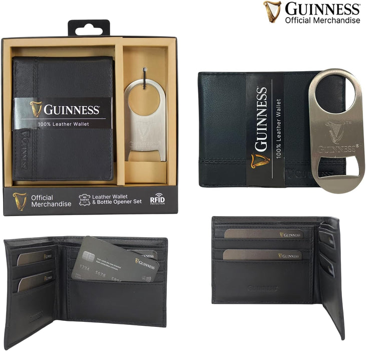 Guinness Wallet, Bottle Opener & Belt Gift Set – RFID Secure Black Leather, Gift Boxed