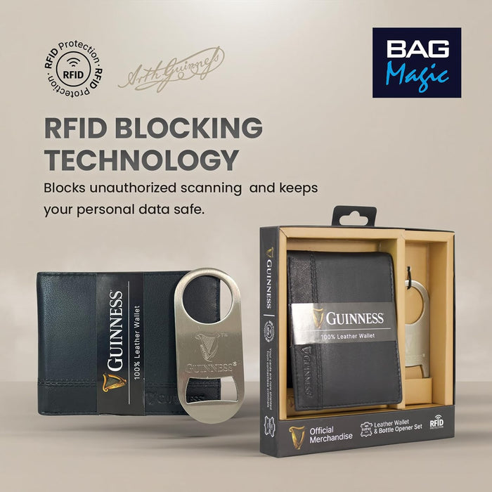 Guinness Wallet, Bottle Opener & Belt Gift Set – RFID Secure Black Leather, Gift Boxed