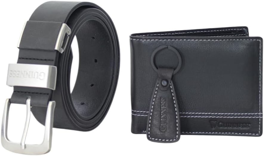 Guinness Wallet, Key Fob & Belt Gift Set – RFID Secure Black Leather, Gift Boxed