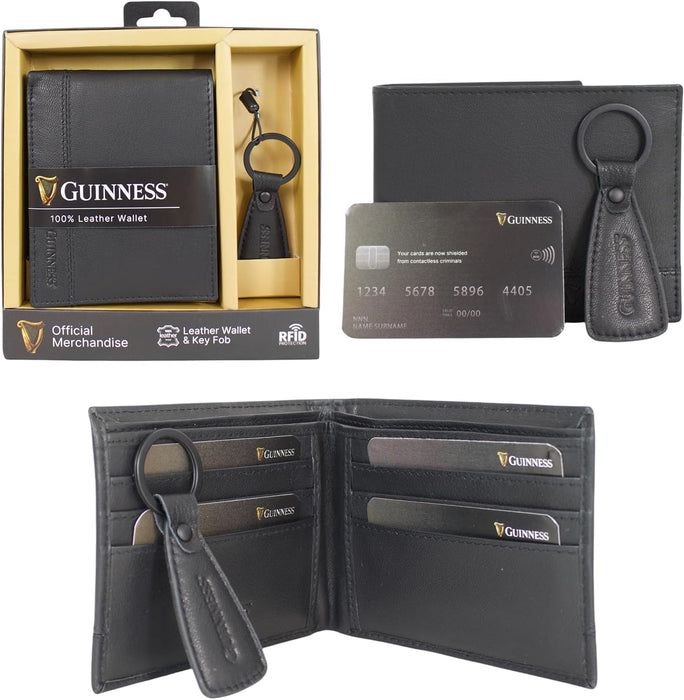 Guinness Wallet, Key Fob & Belt Gift Set – RFID Secure Black Leather, Gift Boxed