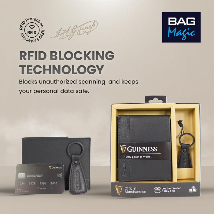 Guinness Wallet, Key Fob & Belt Gift Set – RFID Secure Black Leather, Gift Boxed