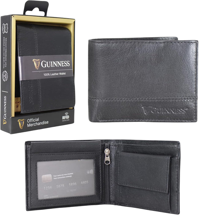 Guinness® Black Leather Wallet with Coin Pocket – RFID Blocking, 7 Card Slots, Zipped Pocket, Men’s Bi-Fold Wallet, Stylish & Durable Genuine Leather – Official Merchandise