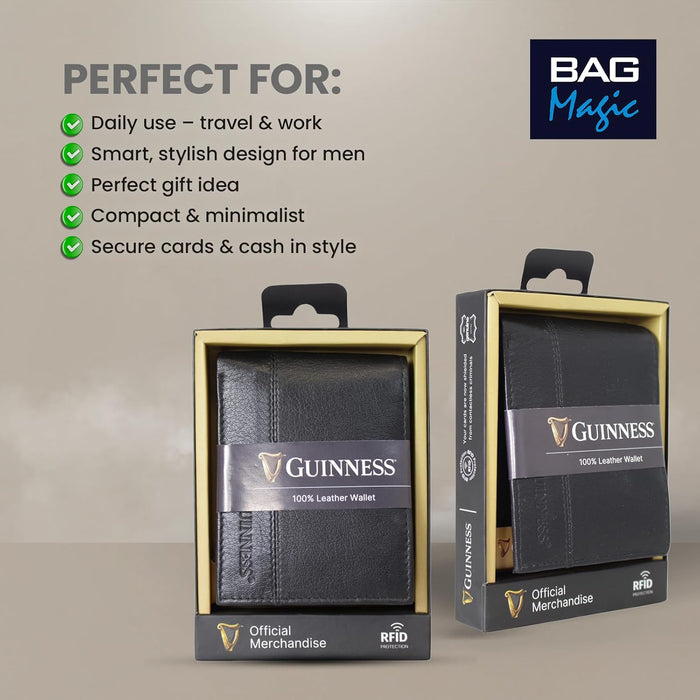 Guinness® Black Leather Wallet with Coin Pocket – RFID Blocking, 7 Card Slots, Zipped Pocket, Men’s Bi-Fold Wallet, Stylish & Durable Genuine Leather – Official Merchandise