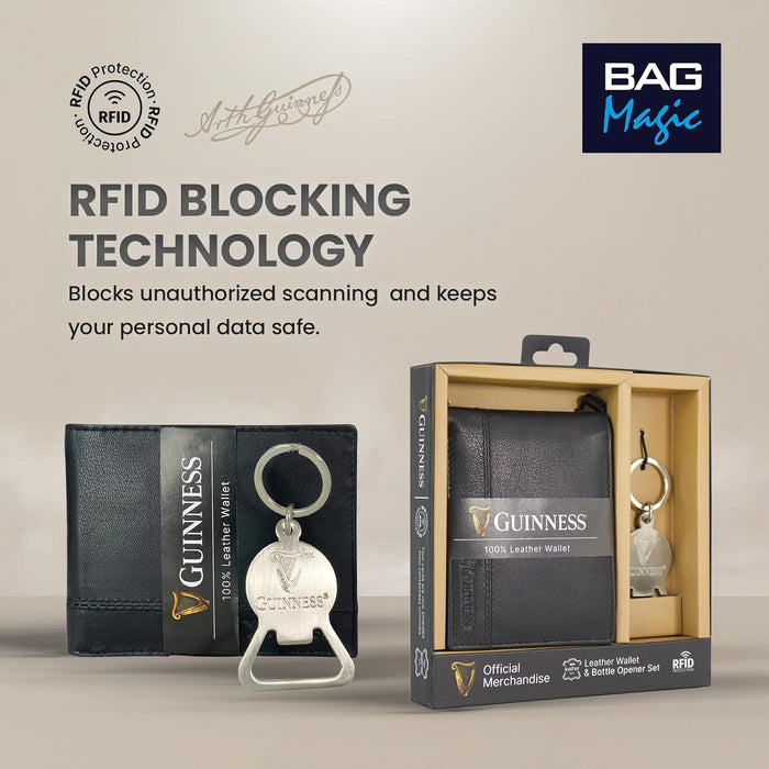 Guinness Leather Wallet & Belt Gift Set – RFID Secure Bi-Fold with Bottle Opener Keyring, Gift Boxed