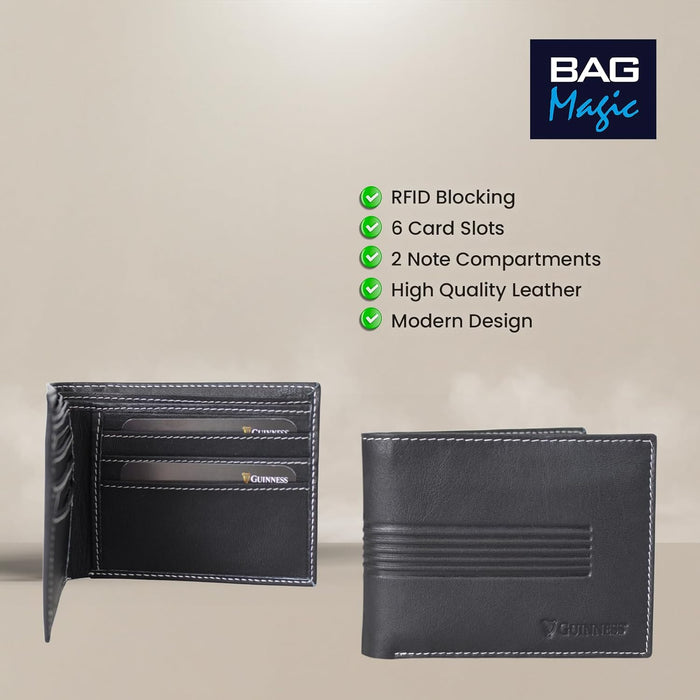 Guinness Men’s Black Leather Wallet with RFID Blocking – Slim Bifold Card Holder with 6 Card Slots & Note Compartments – Official Merchandise Gift