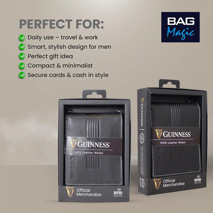 Guinness Men’s Black Leather Wallet with RFID Blocking – Slim Bifold Card Holder with 6 Card Slots & Note Compartments – Official Merchandise Gift