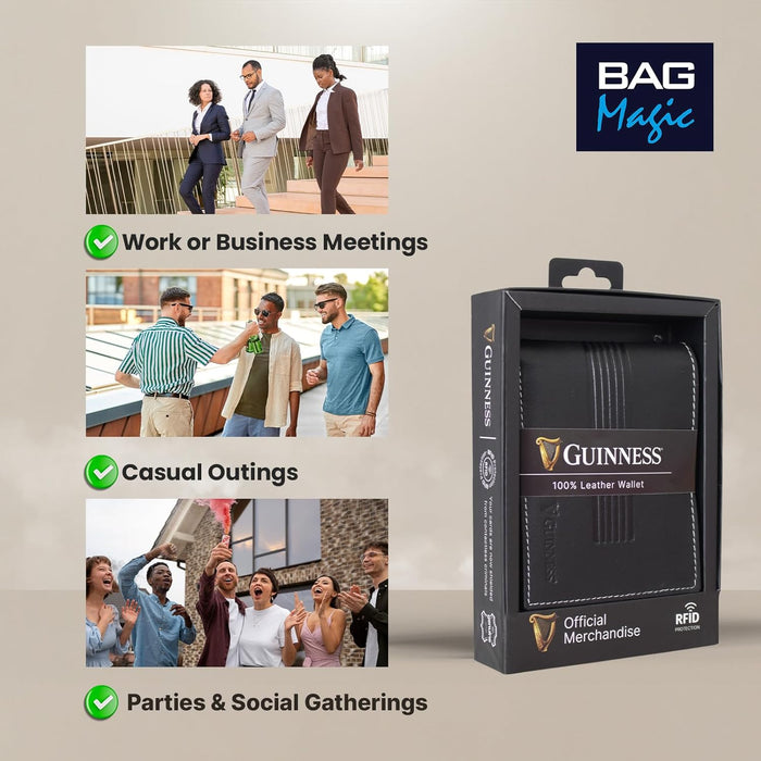Guinness Men’s Black Leather Wallet with RFID Blocking – Slim Bifold Card Holder with 6 Card Slots & Note Compartments – Official Merchandise Gift