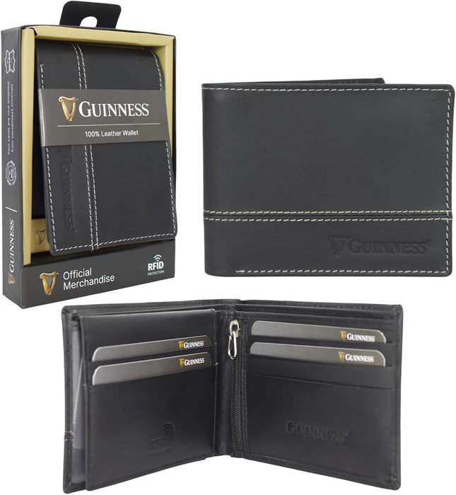 Guinness® Leather Wallet for Men – RFID Blocking Bifold with Zipped Pocket, ID Window & Card Holder – Official Licensed Merchandise