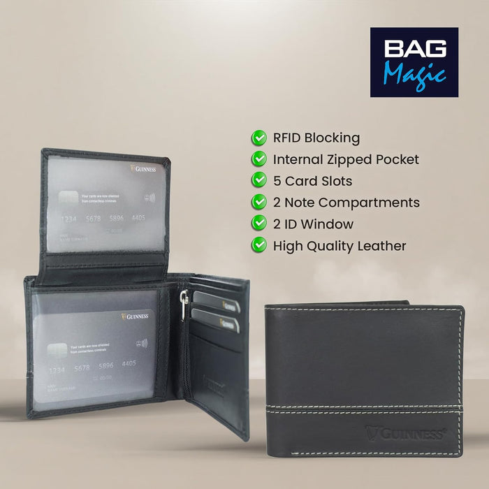 Guinness® Leather Wallet for Men – RFID Blocking Bifold with Zipped Pocket, ID Window & Card Holder – Official Licensed Merchandise