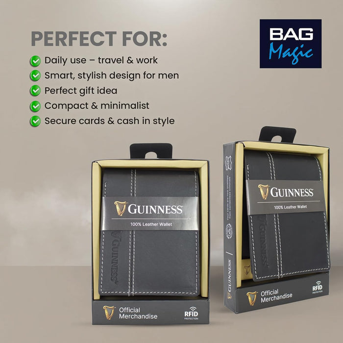 Guinness® Leather Wallet for Men – RFID Blocking Bifold with Zipped Pocket, ID Window & Card Holder – Official Licensed Merchandise