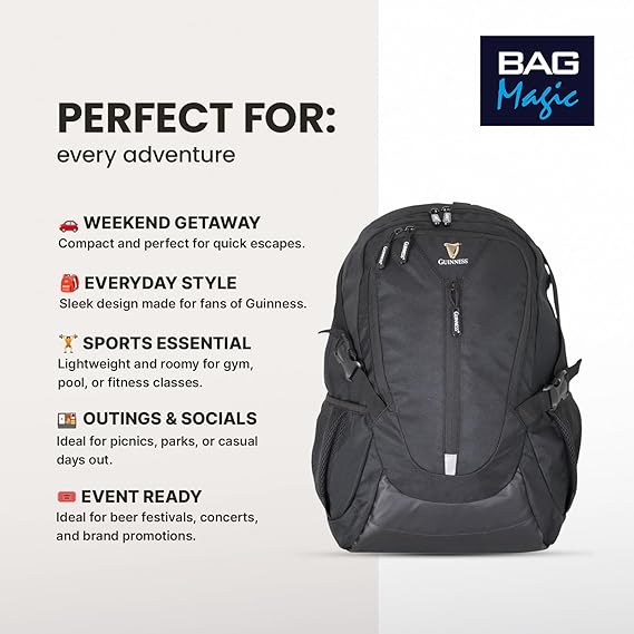 Guinness RyanAir Cabin Backpack 40x25x20cm – Underseat Bag | Flight Approved Hand Luggage for Ryanair, easyJet, Jet2, Wizz Air | Lightweight Travel Backpack | Official Merchandise