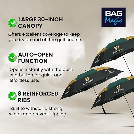 Guinness Official Golf Umbrella – 30-Inch Large Canopy, Auto-Open, 8 Reinforced Ribs, Windproof & Waterproof Stick Umbrella – Premium Logo Design for Fans & Gifts