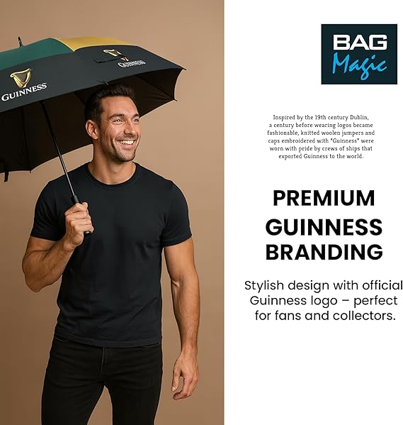 Guinness Official Golf Umbrella – 30-Inch Large Canopy, Auto-Open, 8 Reinforced Ribs, Windproof & Waterproof Stick Umbrella – Premium Logo Design for Fans & Gifts