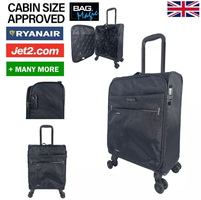 Bordlite Soft Sided Cabin Approved Hand Luggage Suitcase, 52x35x20cm - Black, Blue, Grey
