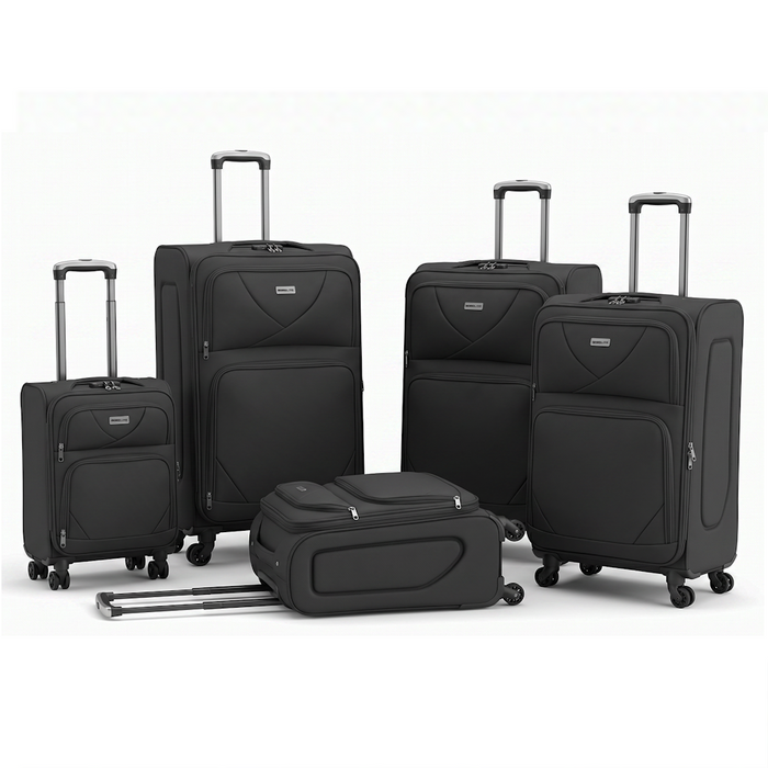Bordlite Softshell Spinner Suitcase Black - Expandable Travel Luggage with 360 Wheels, Combination Lock, Telescopic Handle and Front Pockets