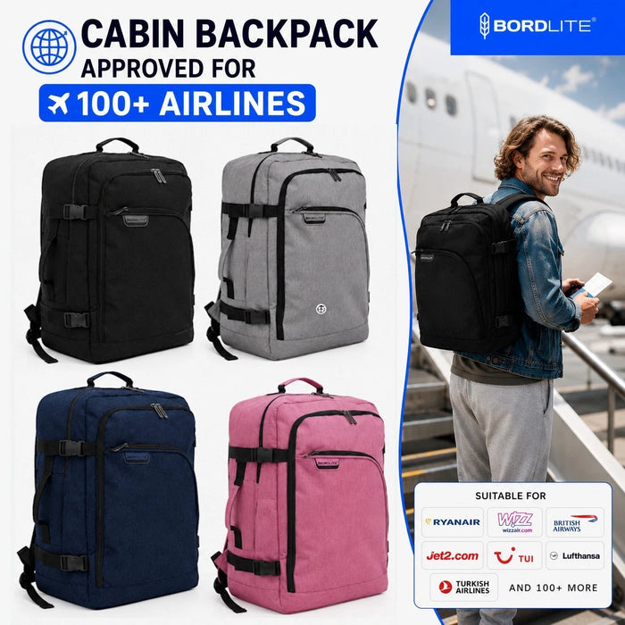 Bordlite Cabin Backpack 45x36x20cm, Underseat Cabin Bag for Ryanair, EasyJet, Wizz Air & 30+ Airlines