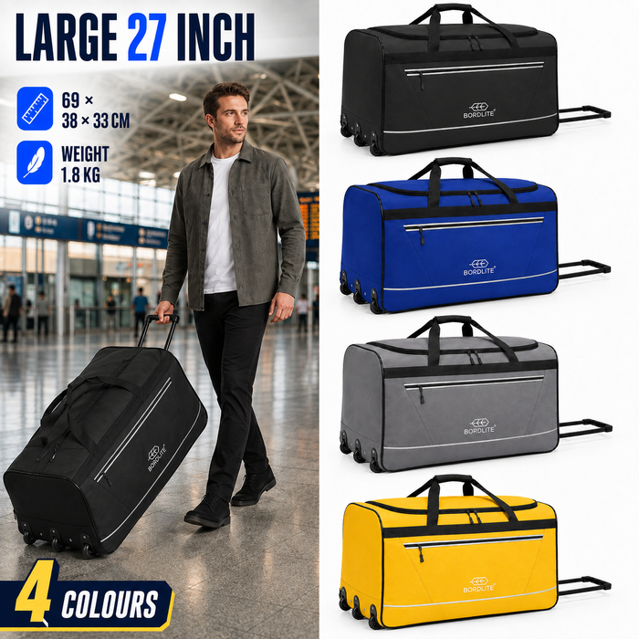 Bordlite 87L Large Travel Bag on Wheels – 27 Inch Water-Resistant Tarp Holdall with 3 Smooth Wheels – 69x38x33cm