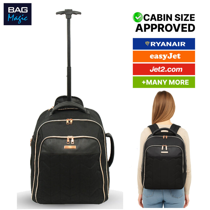 EasyJet Underseat Cabin Bag 45x36x20cm – Bordlite 2-in-1 Wheeled Backpack & Holdall on Wheels – Lightweight Travel Trolley Black