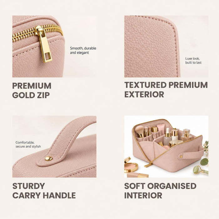 Nicole Brown Large Makeup Bag for Women 24x12x12cm – Cosmetic Organiser with Compartments & Brush Holders – Travel Toiletry Bag with Gold Zip & Carry Handle