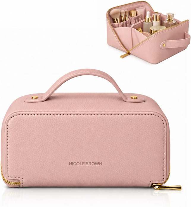 Nicole Brown Large Makeup Bag for Women 24x12x12cm – Cosmetic Organiser with Compartments & Brush Holders – Travel Toiletry Bag with Gold Zip & Carry Handle